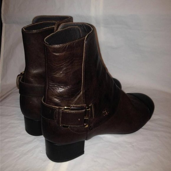 CHANEL 13B Brown Leather Patent Cap Toe Buckled Ankle Bootie Boots Shoes - Picture 5 of 9